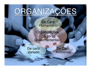 De Cariz
       Humanitário
     Organizações
         Não-
    Governamentais

De cariz         De Cariz
Variado
         Ambiental
 