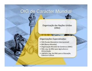 Organização das Nações Unidas 
               (ONU) 



Organizações Especializadas: 
•  FMI (Fundo Monetário Internacional) 
•  BM (Banco Mundial) 
•  Organização Mundial do Comércio (OMC) 
•  FAO, org. da ONU para Agricultura e 
   Alimentação 
•  UNESCO, Org. da ONU para a Educação, 
   Ciência e Cultura 
 