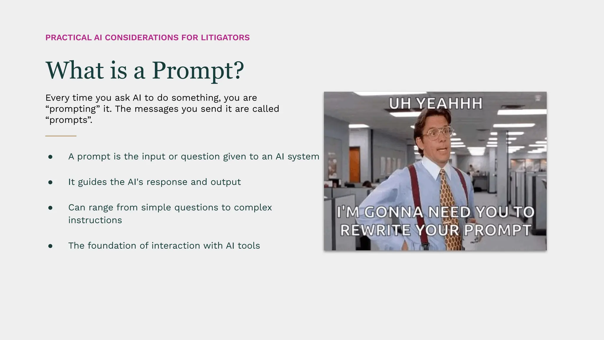 ● A prompt is the input or question given to an AI system
● It guides the AI's response and output
● Can range from simple questions to complex
instructions
● The foundation of interaction with AI tools
Every time you ask AI to do something, you are
“prompting” it. The messages you send it are called
“prompts”.
What is a Prompt?
PRACTICAL AI CONSIDERATIONS FOR LITIGATORS
 