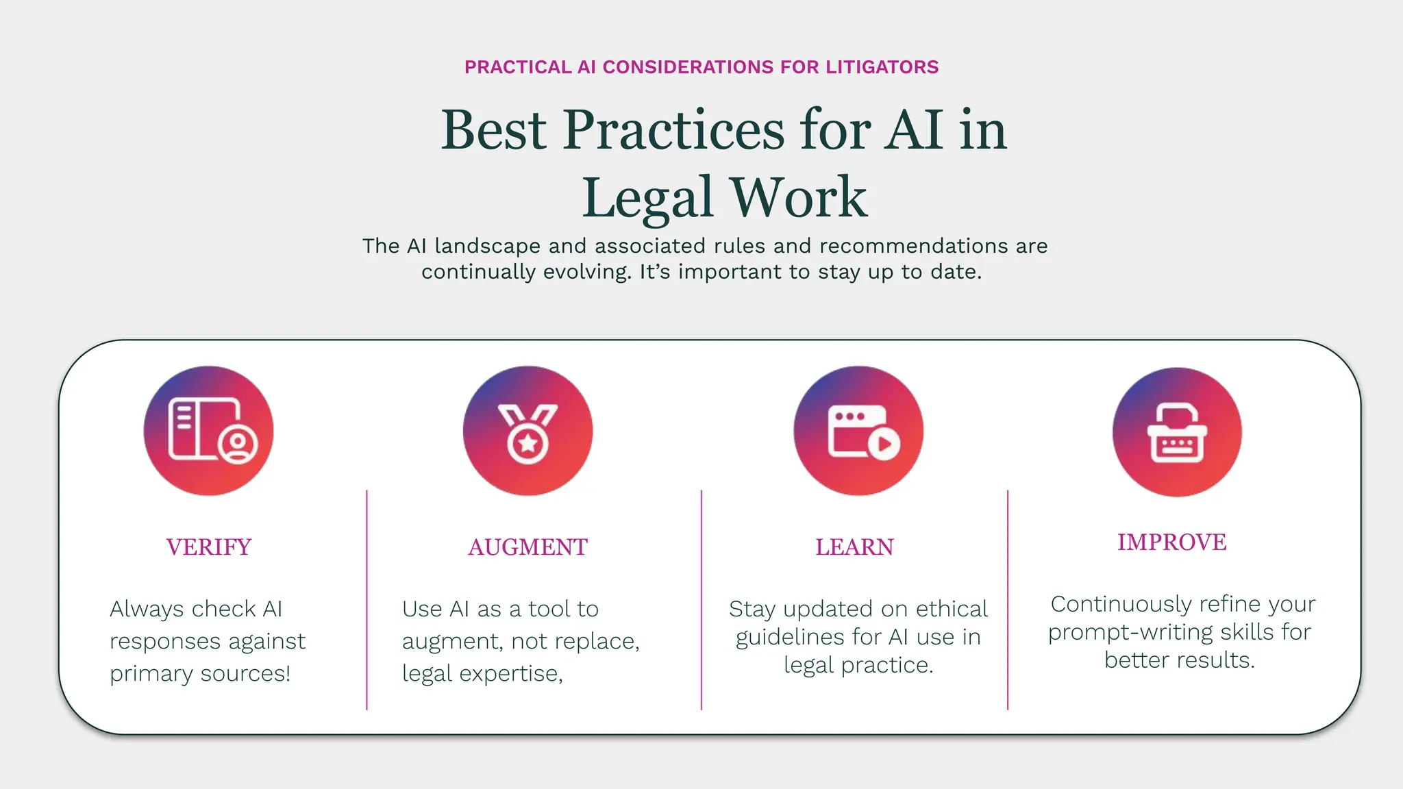 Always check AI
responses against
primary sources!
VERIFY
The AI landscape and associated rules and recommendations are
continually evolving. It’s important to stay up to date.
Best Practices for AI in
Legal Work
PRACTICAL AI CONSIDERATIONS FOR LITIGATORS
Use AI as a tool to
augment, not replace,
legal expertise,
AUGMENT
Stay updated on ethical
guidelines for AI use in
legal practice.
LEARN
Continuously reﬁne your
prompt-writing skills for
better results.
IMPROVE
 