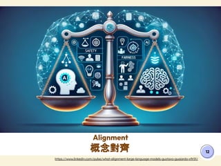 Alignment
概念對齊 12
https://www.linkedin.com/pulse/what-alignment-large-language-models-gustavo-guajardo-x9r5f/
 