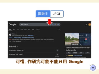 可惜，作研究可能不能只用 Google
32
JFGI
關鍵字
 