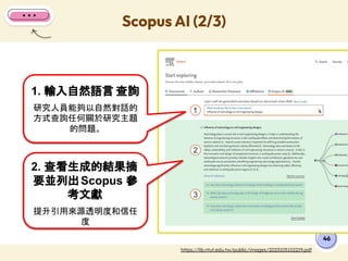 Scopus AI (2/3)
46
https://lib.ntut.edu.tw/public/images/2023105102219.pdf
1. 輸入自然語言 查詢
研究人員能夠以自然對話的
方式查詢任何關於研究主題
的問題。
2. 查看生成的結果摘
要並列出Scopus 參
考文獻
提升引用來源透明度和信任
度
 