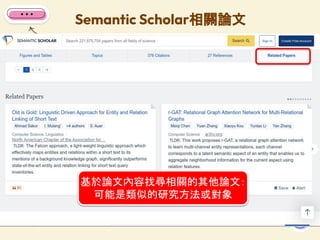 Semantic Scholar相關論文
53
基於論文內容找尋相關的其他論文：
可能是類似的研究方法或對象
 