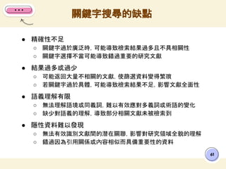 ● 精確性不足
○ 關鍵字過於廣泛時，可能導致檢索結果過多且不具相關性
○ 關鍵字選擇不當可能導致錯過重要的研究文獻
● 結果過多或過少
○ 可能返回大量不相關的文獻，使篩選資料變得繁瑣
○ 若關鍵字過於具體，可能導致檢索結果不足，影響文獻全面性
● 語義理解有限
○ 無法理解語境或同義詞，難以有效應對多義詞或術語的變化
○ 缺少對語義的理解，導致部分相關文獻未被檢索到
● 隱性資料難以發現
○ 無法有效識別文獻間的潛在關聯，影響對研究領域全貌的理解
○ 錯過因為引用關係或內容相似而具備重要性的資料
關鍵字搜尋的缺點
61
 