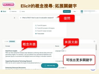 Elicit的概念搜尋：拓展關鍵字
78
提問
概念列表
來源文獻
可找出更多關鍵字
 