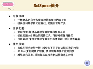 ● 服務目標
○ 一個專為研究者和學者設計的學術內容平台
○ 提供便利的學術文獻查找、閱讀與管理工具
● 主要功能
○ 文獻檢索：提供高效的文獻搜尋和推薦系統
○ 智能閱讀：AI 輔助的閱讀工具，可即時標註與提問
○ 引用管理：支持便捷的文獻引用格式管理，提升寫作效率
● 使用優勢
○ 集成多種功能於一體，減少在不同平台之間切換的時間
○ AI 助力文獻閱讀和理解，降低理解專業文獻的難度
○ 增強研究效率，縮短從文獻搜尋到成果發表的時間
SciSpace簡介
80
 