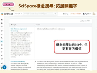 SciSpace概念搜尋：拓展關鍵字
86
概念結果比Elicit少，但
更有參考價值
 
