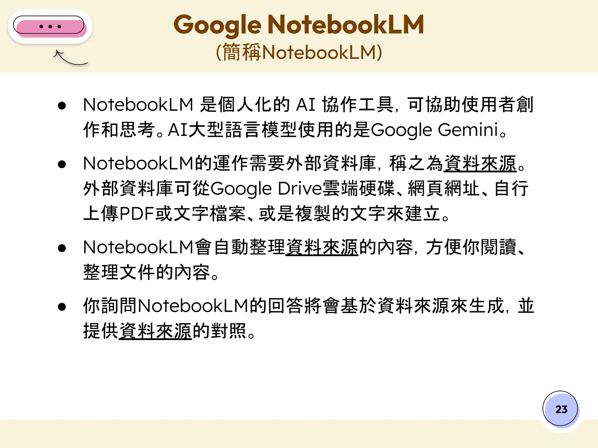 ● NotebookLM 是個人化的 AI 協作工具，可協助使用者創
作和思考。AI大型語言模型使用的是Google Gemini。
● NotebookLM的運作需要外部資料庫，稱之為資料來源。
外部資料庫可從Google Drive雲端硬碟、網頁網址、自行
上傳PDF或文字檔案、或是複製的文字來建立。
● NotebookLM會自動整理資料來源的內容，方便你閱讀、
整理文件的內容。
● 你詢問NotebookLM的回答將會基於資料來源來生成，並
提供資料來源的對照。
Google NotebookLM
(簡稱NotebookLM)
23
 