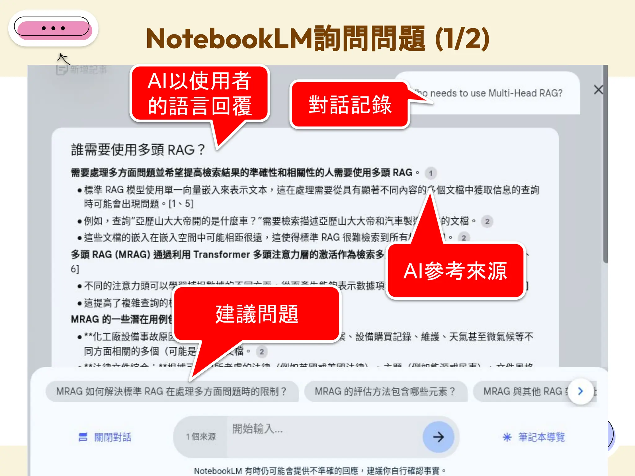 NotebookLM詢問問題 (1/2)
28
對話記錄
AI以使用者
的語言回覆
AI參考來源
建議問題
 