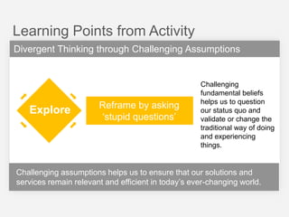 Learning Points from Activity
Divergent Thinking through Challenging Assumptions

Explore

Reframe by asking
„stupid questions‟

Challenging
fundamental beliefs
helps us to question
our status quo and
validate or change the
traditional way of doing
and experiencing
things.

Challenging assumptions helps us to ensure that our solutions and
services remain relevant and efficient in today‟s ever-changing world.

 