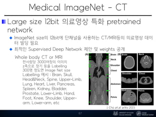 Medical ImageNet - CT
Large size 12bit 의료영상 특화 pretrained
network
ImageNet size의 12bit에 단채널을 사용하는 CT/MRI등의 의료영상 데이
터 빌딩 필요
최적인 Supervised Deep Network 제안 및 weights 공개
67
Whole body CT or MRI
한사람당 3000여장의 이미지
z축으로 장기 등을 Labelling
300명 정도면 Image Net size
Labelling 예시 : Brain, Skull,
Head&Neck, Spine, Upper-Limb,
Lung, Heart, Liver, Pancreas,
Spleen, Kidney, Bladder,
Prostate, Lower-Limb, Hand,
Foot, Knee, Shoulder, Upper-
arm, Lower-arm, etc
J. Cho et al. arXiv 2015
 