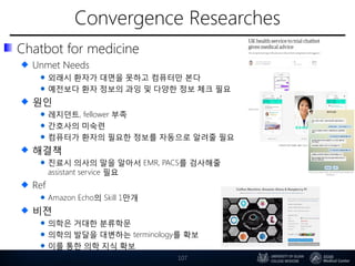 Convergence Researches
Chatbot for medicine
Unmet Needs
외래시 환자가 대면을 못하고 컴퓨터만 본다
예전보다 환자 정보의 과잉 및 다양한 정보 체크 필요
원인
레지던트, fellower 부족
간호사의 미숙련
컴퓨터가 환자의 필요한 정보를 자동으로 알려줄 필요
해결책
진료시 의사의 말을 알아서 EMR, PACS를 검사해줄
assistant service 필요
Ref
Amazon Echo의 Skill 1만개
비젼
의학은 거대한 분류학문
의학의 발달을 대변하는 terminology를 확보
이를 통한 의학 지식 확보
107
 