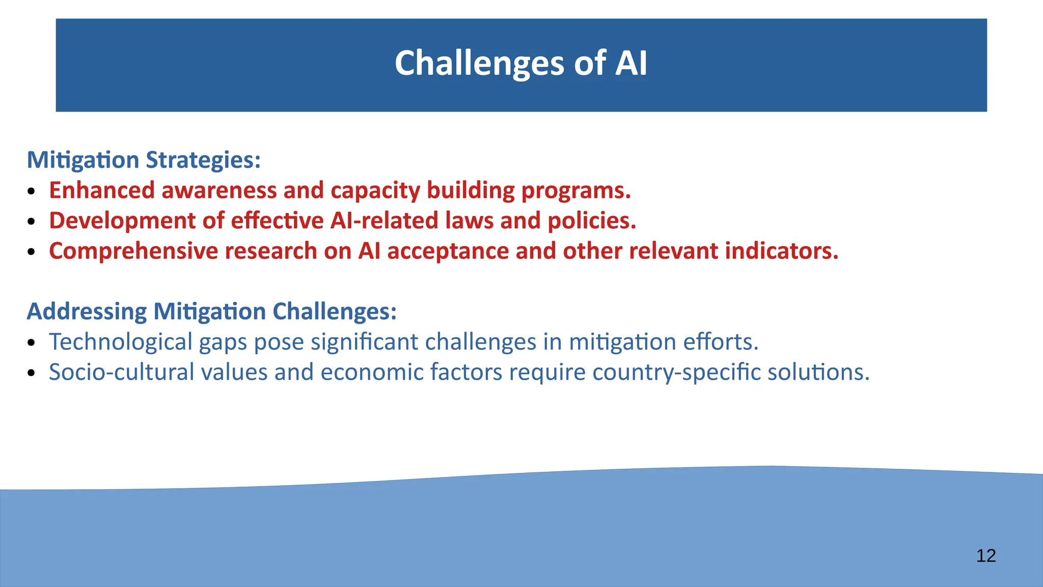 12
Challenges of AI
Mitigation Strategies:
● Enhanced awareness and capacity building programs.
● Development of effective AI-related laws and policies.
● Comprehensive research on AI acceptance and other relevant indicators.
Addressing Mitigation Challenges:
● Technological gaps pose significant challenges in mitigation efforts.
● Socio-cultural values and economic factors require country-specific solutions.
 