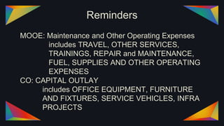 Reminders
MOOE: Maintenance and Other Operating Expenses
includes TRAVEL, OTHER SERVICES,
TRAININGS, REPAIR and MAINTENANCE,
FUEL, SUPPLIES AND OTHER OPERATING
EXPENSES
CO: CAPITAL OUTLAY
includes OFFICE EQUIPMENT, FURNITURE
AND FIXTURES, SERVICE VEHICLES, INFRA
PROJECTS
 