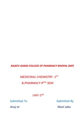 RAJEEV GANDI COLLEGE OF PHARMACY BHOPAL (MP)
MEDICINAL CHEMISTRY -1ST
B.PHARMACY 4RTH SEM
UNIT-2ND
Submitted To Submitted By
Anuj sir Muni sahu
 