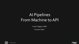 ct@askatlas.ai1
Crystal Taggart, MBA
Founder Atlasai
AI Pipelines
From Machine to API
 