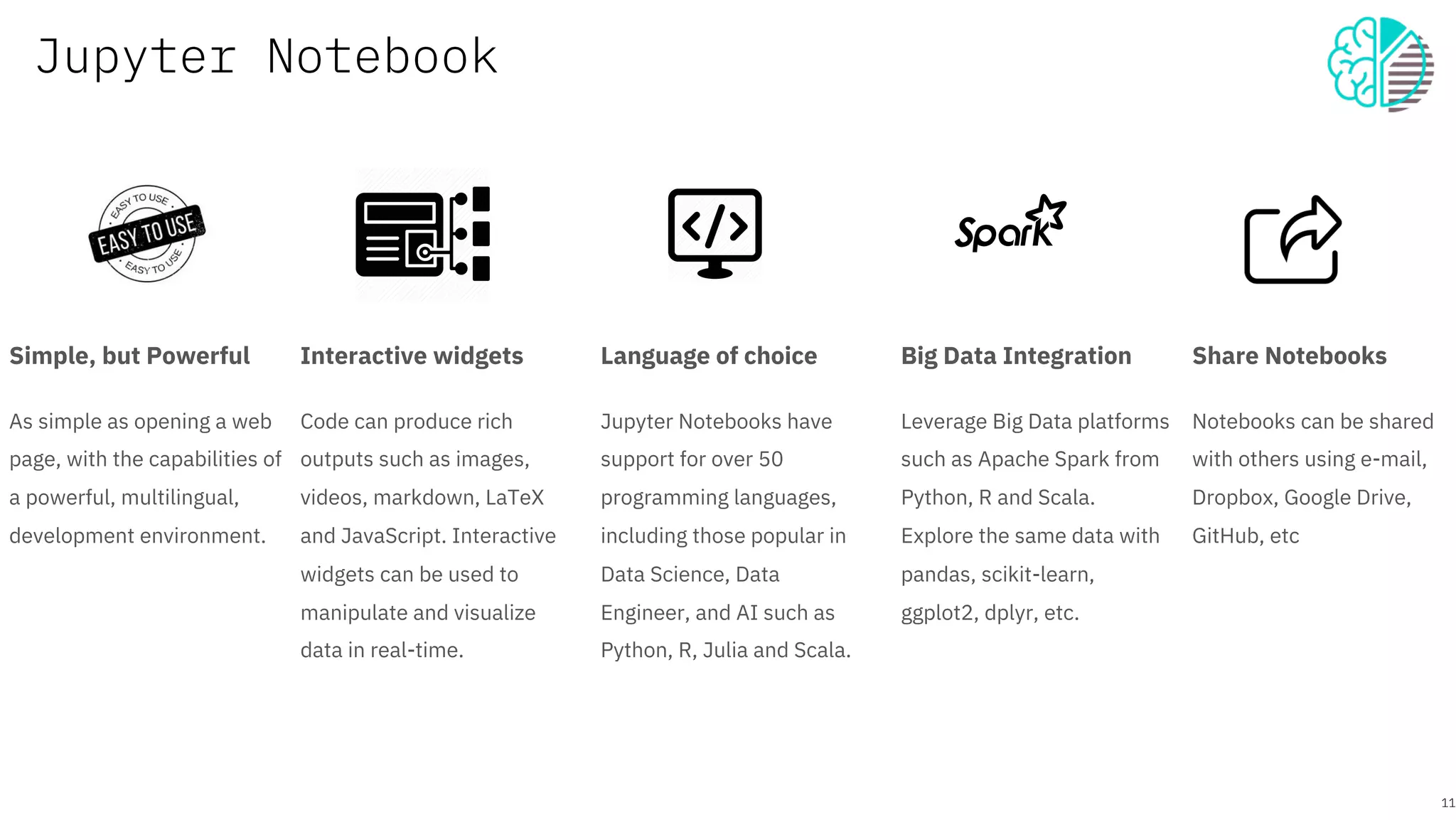Jupyter Notebook
11
Simple, but Powerful
As simple as opening a web
page, with the capabilities of
a powerful, multilingual,
development environment.
Interactive widgets
Code can produce rich
outputs such as images,
videos, markdown, LaTeX
and JavaScript. Interactive
widgets can be used to
manipulate and visualize
data in real-time.
Language of choice
Jupyter Notebooks have
support for over 50
programming languages,
including those popular in
Data Science, Data
Engineer, and AI such as
Python, R, Julia and Scala.
Big Data Integration
Leverage Big Data platforms
such as Apache Spark from
Python, R and Scala.
Explore the same data with
pandas, scikit-learn,
ggplot2, dplyr, etc.
Share Notebooks
Notebooks can be shared
with others using e-mail,
Dropbox, Google Drive,
GitHub, etc
 