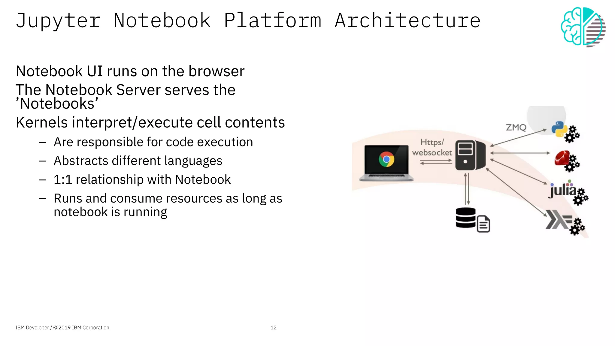 Jupyter Notebook Platform Architecture
Notebook UI runs on the browser
The Notebook Server serves the
’Notebooks’
Kernels interpret/execute cell contents
– Are responsible for code execution
– Abstracts different languages
– 1:1 relationship with Notebook
– Runs and consume resources as long as
notebook is running
12IBM Developer / © 2019 IBM Corporation
 