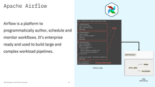 Apache Airflow
Airflow is a platform to
programmatically author, schedule and
monitor workflows. It’s enterprise
ready and...