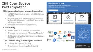 IBM Open Source
Participation
IBM generated open source innovation
• 137 IBM Open Code projects w/1000+ Github
projects
• ...