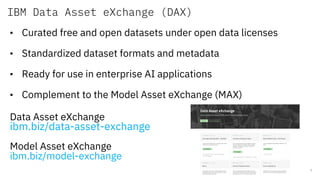 IBM Data Asset eXchange (DAX)
7
• Curated free and open datasets under open data licenses
• Standardized dataset formats a...