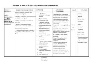 ÁREA DE INTEGRAÇÃO (10º Ano) - PLANIFICAÇÃO MÓDULO 2
TEMA /
PROBLEMA
OBJECTIVOS / COMPETÊNCIAS CONTEÚDOS ACTIVIDADES/
ESTRATÉGIAS
AULAS AVALIAÇÃO
TEMA-
PROBLEMA –
7.2- UM
DESAFIO
GLOBAL: o
desenvolvimento
sustentável
Identificar problemas ambientais que se
coloquem à escala global.
- Identificar problemas de desenvolvimento que
se coloquem à escala global.
- Debater o conceito de desenvolvimento
sustentável
- Identificar o papel de organizações
internacionais na procura de modelos de
desenvolvimento sustentável.
- Compreender a necessidade de atenuar os
desequilíbrios de desenvolvimento a escala
global.
-
1. Problemas
ambientais: a situação
mundial.
Os casos concretos
2. O aquecimento global.
3. A camada de ozono e a
poluição do solo e da água.
4. O esgotamento dos recursos
naturais.
Os problemas humanos
5. Principais desigualdades e
problemas de
desenvolvimento.
6. A desigual distribuição da
riqueza.
7. A economia.
8. A população.
A procura de novos modelos
de desenvolvimento.
9. O desenvolvimento
sustentável: conceito e
evolução.
10. A importância das
organizações internacionais.
11. A ONU.
12. União Europeia; ONG’s
- Através da análise de documentos
reais (recortes de imprensa, notícias de
telejornais) ou de sites na Internet,
- identificar problemas ambientais
como o aquecimento global, o buraco
da camada de ozono ou a perda de
biodiversidade.
- Compreender o carácter global desses
Problemas.
- A partir da análise de documentos
como os Relatórios de
Desenvolvimento Humano, identificar
problemas de desenvolvimento
que se colocam a grande parte da
Humanidade.
- Pesquisa bibliográfica sobre o
conceito de desenvolvimento
sustentável.
- Organização de um debate com
autarquias, ONG de Ambiente e
especialistas, sobre o conceito de
desenvolvimento sustentável.
- Pesquisa bibliográfica sobre
Organizações internacionais com um
papel ativo na procura de modelos de
desenvolvimento sustentável.
18 aulas
(3º
Período)
Relatórios;
Exercícios
escritos; Fichas
de trabalho;
Mapas
conceptuais;
Trabalhos de
casa; Portfólio;
Testes escritos;
Trabalhos individuais e
de grupo com defesa
oral;
Comentários de texto.
O Docente:
António Silva
 