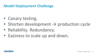 16© Cloudera, Inc. All rights reserved.
Model Deployment Challenge
• Canary testing.
• Shorten development → production cycle
• Reliability. Redundancy.
• Easiness to scale up and down.
 