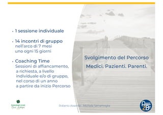 Svolgimento del Percorso
Medici. Pazienti. Parenti.
▸ 1 sessione individuale
▸ 14 incontri di gruppo
nell’arco di 7 mesi
u...