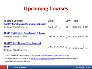 © AIPMM 2013 www.aipmm.com
Upcoming Courses
Course & Location Dates Days Time
ACPM® Certification Prep Course & Exam
McLean, VA (DC Metro) Dec 9, 2013 M 8:30 am – 5 pm
CPM® Certification Prep Course & Exam
McLean, VA (DC Metro) Dec 10-11, 2013 T, W 8:30 am – 5 pm
CPMM® Certification Prep Course &
Exam
McLean, VA (DC Metro)
Dec 12-13, 2013
Th, F 8:30 am – 5 pm
Find additional certification courses here: http://aipmm.com/html/training/.
Contact Hector Del Castillo at hmdelcastillo@aipmm.com for more information about
certification courses near you .
 