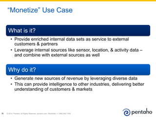 © 2014, Pentaho. All Rights Reserved. pentaho.com. Worldwide +1 (866) 660-755526
“Monetize” Use Case
What is it?
•  Provide enriched internal data sets as service to external
customers & partners
•  Leverage internal sources like sensor, location, & activity data –
and combine with external sources as well
Why do it?
•  Generate new sources of revenue by leveraging diverse data
•  This can provide intelligence to other industries, delivering better
understanding of customers & markets
 