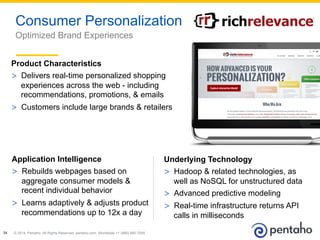 © 2014, Pentaho. All Rights Reserved. pentaho.com. Worldwide +1 (866) 660-755534
Consumer Personalization
Optimized Brand Experiences
Product Characteristics
>  Delivers real-time personalized shopping
experiences across the web - including
recommendations, promotions, & emails
>  Customers include large brands & retailers
Application Intelligence
>  Rebuilds webpages based on
aggregate consumer models &
recent individual behavior
>  Learns adaptively & adjusts product
recommendations up to 12x a day
Underlying Technology
>  Hadoop & related technologies, as
well as NoSQL for unstructured data
>  Advanced predictive modeling
>  Real-time infrastructure returns API
calls in milliseconds
 