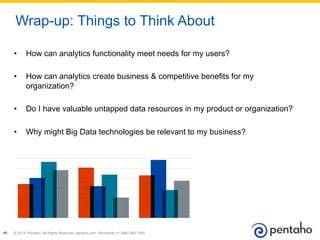 © 2014, Pentaho. All Rights Reserved. pentaho.com. Worldwide +1 (866) 660-755540
•  How can analytics functionality meet needs for my users?
•  How can analytics create business & competitive benefits for my
organization?
•  Do I have valuable untapped data resources in my product or organization?
•  Why might Big Data technologies be relevant to my business?
Wrap-up: Things to Think About
 
