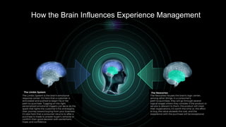 How the Brain Influences Experience Management
The Neocortex
The Limbic System is the brain’s emotional
response center. It’s here that a customer is
stimulated and pushed to begin his or her
path-to-purchase. Tugging on the right
personalized emotional triggers can serve as the
spark that lights the customer’s ﬁre and begins
their journey toward buying from your business.
It’s also here that a consumer returns to after a
purchase is made to answer buyer’s remorse or
conﬁrm their good decision with excitement,
hope, and conﬁdence.
The Neocortex houses the brain’s logic center,
among other things. In a consumer's
path-to-purchase, they will go through several
logical stages where they consider if the product or
service is relevant to them, the product will meet
their expectations, it’s worth the time vs. the effort
to buy, the value exceeds the cost, and the
experience with the purchase will be exceptional.
The Limbic System
 