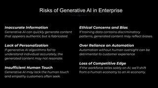 Ethical Concerns and Bias
If training data contains discriminatory
patterns, generated content may reﬂect biases.
Over Reliance on Automation
Automation without human oversight can be
detrimental to customer experience
Loss of Competitive Edge
If the workforce relies solely on AI, we’ll shift
from a human economy to an AI economy.
Inaccurate Information
Generative AI can quickly generate content
that appears authentic but is fabricated.
Lack of Personalization
If generative AI algorithms fail to
understand individual accurately, the
generated content may not resonate.
Insufﬁcient Human Touch
Generative AI may lack the human touch
and empathy customers often seek.
Risks of Generative AI in Enterprise
 