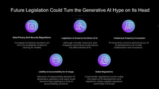 In
Future Legislation Could Turn the Generative AI Hype on Its Head
Legislation to Preserve the Ethics of AI Intellectual Property & Innovation
Liability & Accountability for AI Usage Global Regulations
Increased compliance burdens can
limit the availability of data for
training AI models.
Although critically important, bias
mitigation techniques could reduce
the effectiveness of AI.
IP ownership concerns stemming out of
AI development can hinder
collaboration and innovation.
Allocation of responsibility between AI
developers, operators, and users could
become hazy, leading to a host of
accountability concerns.
Cross-border regulations could muddy
the waters of AI development and
legislation unless a global regulatory
committee is formed.
 