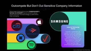 Outcompete But Don’t Out Sensitive Company Information
Source: Washington Post, Bloomberg
“Interest in generative AI
platforms such as ChatGPT
has been growing internally
and externally. While this
interest focuses on the
usefulness and efﬁciency of
these platforms, there are
also growing concerns
about security risks
presented by generative AI.”
Internal Samsung
Memo
Many large organizations have implemented a full
ban on ChatGPT due to concerns about where and
how the technology is used within their company.
Many large organizations have implemented a
full ban on ChatGPT due to concerns about
where and how the technology is used within
their company.
 