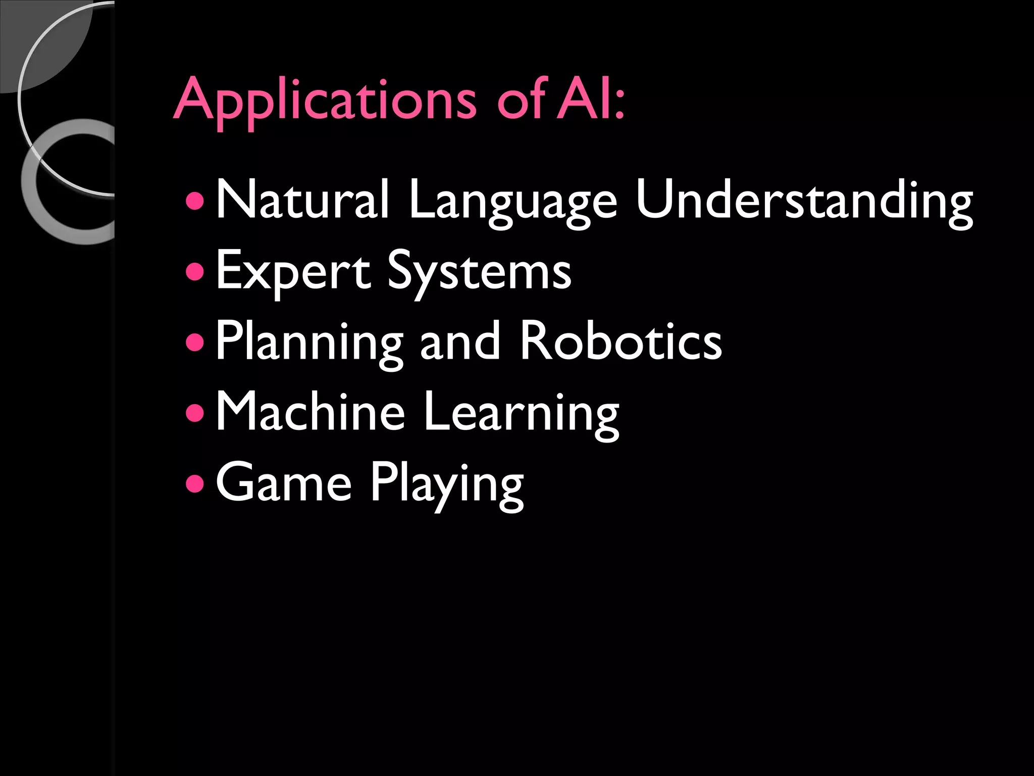 Applications of AI:
Natural Language Understanding
Expert Systems
Planning and Robotics
Machine Learning
Game Playing
 