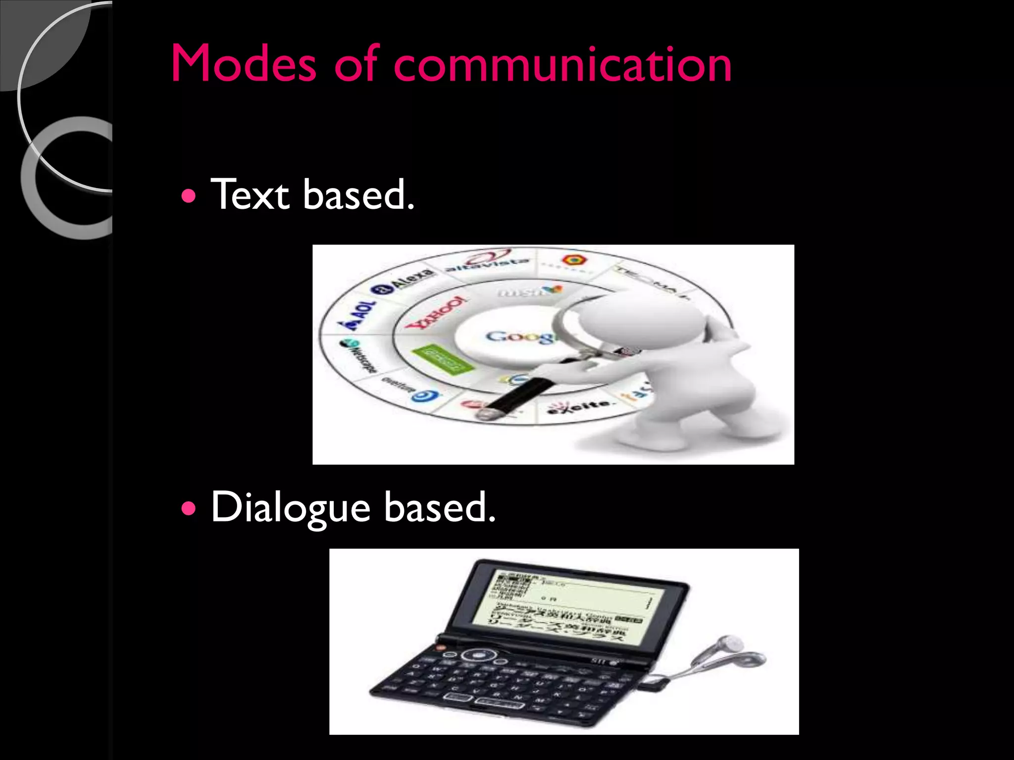 Modes of communication
 Text based.
 Dialogue based.
 