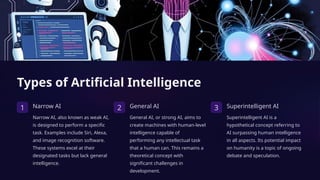 Types of Artificial Intelligence
1 Narrow AI
Narrow AI, also known as weak AI,
is designed to perform a specific
task. Examples include Siri, Alexa,
and image recognition software.
These systems excel at their
designated tasks but lack general
intelligence.
2 General AI
General AI, or strong AI, aims to
create machines with human-level
intelligence capable of
performing any intellectual task
that a human can. This remains a
theoretical concept with
significant challenges in
development.
3 Superintelligent AI
Superintelligent AI is a
hypothetical concept referring to
AI surpassing human intelligence
in all aspects. Its potential impact
on humanity is a topic of ongoing
debate and speculation.
 