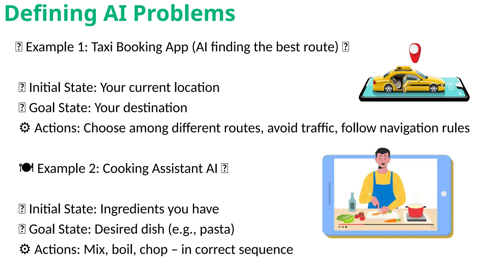 🚖 Example 1: Taxi Booking App (AI finding the best route) 🚕
📍 Initial State: Your current location
🎯 Goal State: Your destination
⚙️Actions: Choose among different routes, avoid traffic, follow navigation rules
️🍽️Example 2: Cooking Assistant AI 🍳
‍
‍‍
📍 Initial State: Ingredients you have
🎯 Goal State: Desired dish (e.g., pasta)
⚙️Actions: Mix, boil, chop – in correct sequence
Defining AI Problems
 