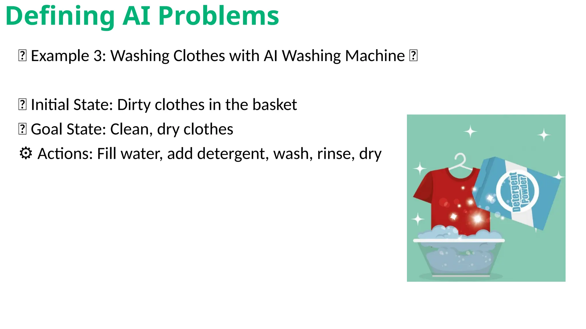 🧺 Example 3: Washing Clothes with AI Washing Machine 🧼
📍 Initial State: Dirty clothes in the basket
🎯 Goal State: Clean, dry clothes
⚙️Actions: Fill water, add detergent, wash, rinse, dry
Defining AI Problems
 