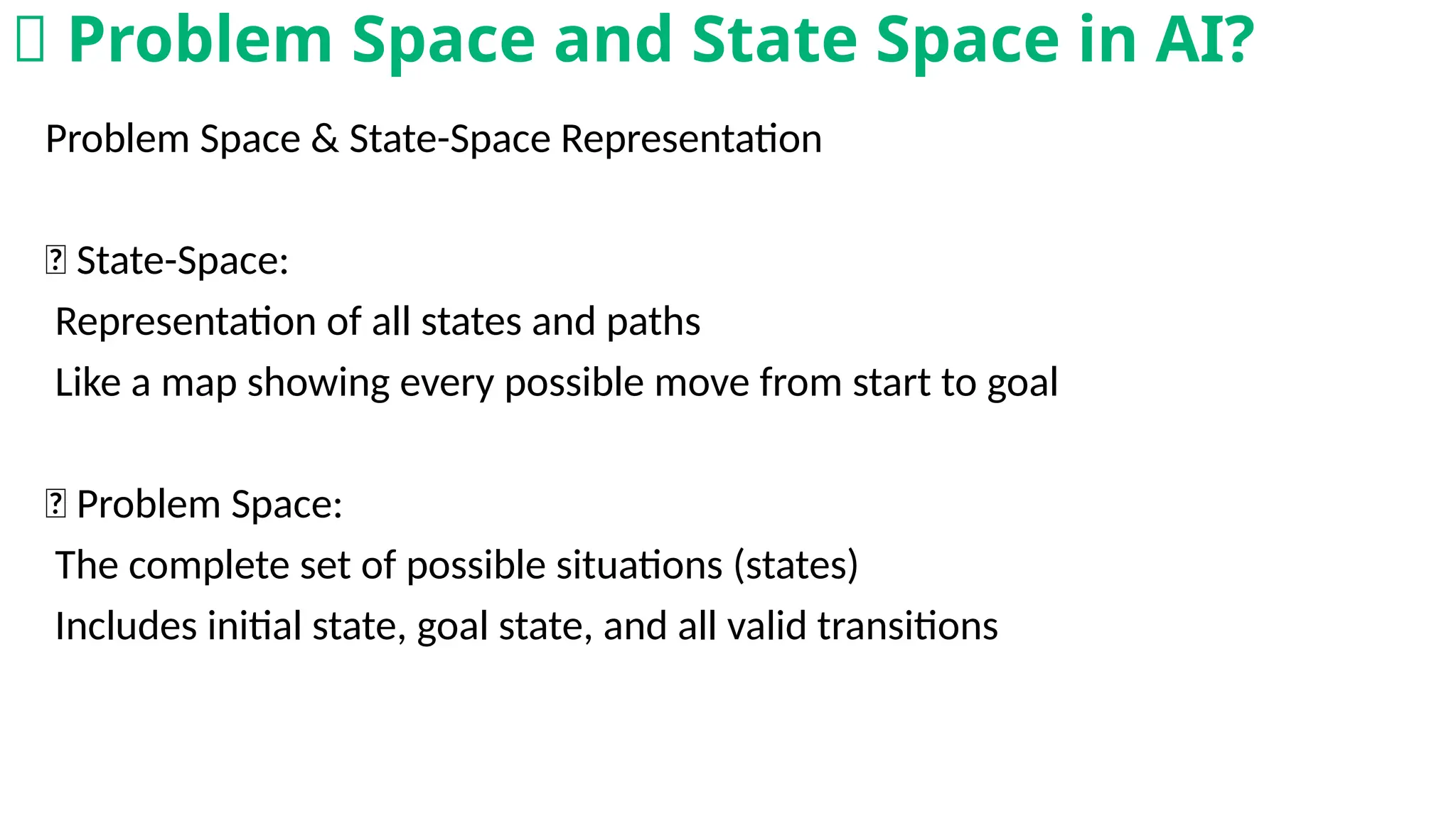 Problem Space & State-Space Representation
📌 State-Space:
Representation of all states and paths
Like a map showing every possible move from start to goal
📌 Problem Space:
The complete set of possible situations (states)
Includes initial state, goal state, and all valid transitions
🤔 Problem Space and State Space in AI?
 