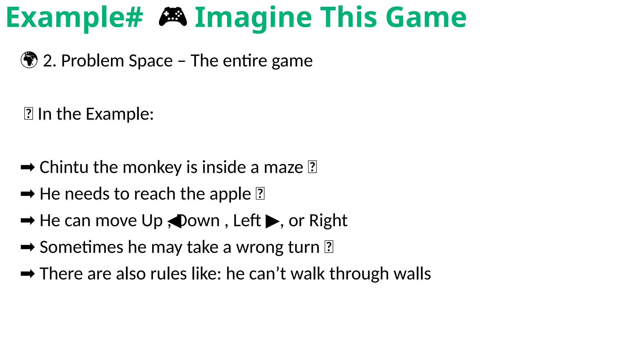 🌍 2. Problem Space – The entire game
🎯 In the Example:
➡️Chintu the monkey is inside a maze 🌀
➡️He needs to reach the apple 🍎
➡️He can move Up , Down , Left , or Right
◀ ️ ▶ ️
➡️Sometimes he may take a wrong turn ❌
➡️There are also rules like: he can’t walk through walls
Example# 🎮 Imagine This Game
 