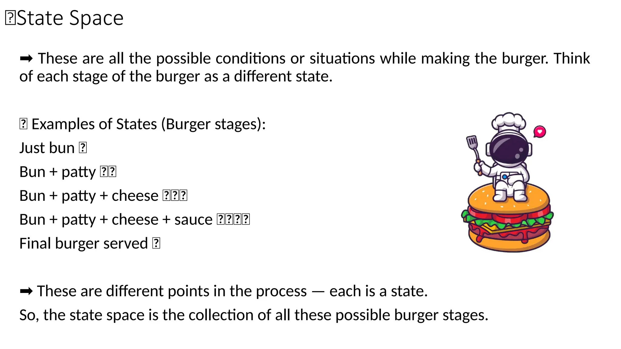 ➡️These are all the possible conditions or situations while making the burger. Think
of each stage of the burger as a different state.
🧱 Examples of States (Burger stages):
Just bun 🍞
Bun + patty 🍞🍖
Bun + patty + cheese 🍞🍖🧀
Bun + patty + cheese + sauce 🍞🍖🧀🍅
Final burger served 🍔
➡️These are different points in the process — each is a state.
So, the state space is the collection of all these possible burger stages.
🔸State Space
 