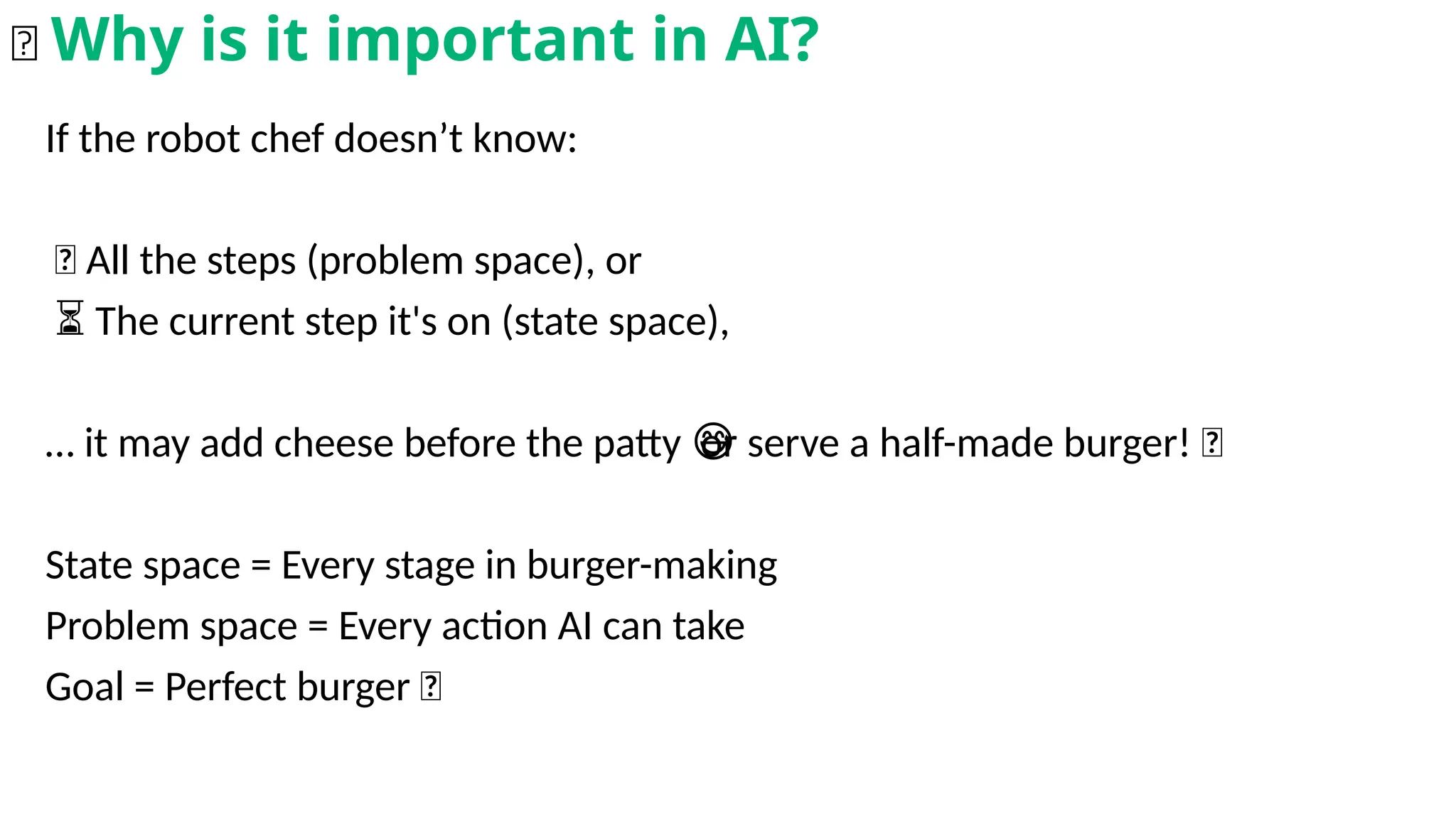 If the robot chef doesn’t know:
🔁 All the steps (problem space), or
⏳ The current step it's on (state space),
… it may add cheese before the patty or serve a half-made burger! 😅
😅
State space = Every stage in burger-making
Problem space = Every action AI can take
Goal = Perfect burger 🍔
🧠 Why is it important in AI?
 