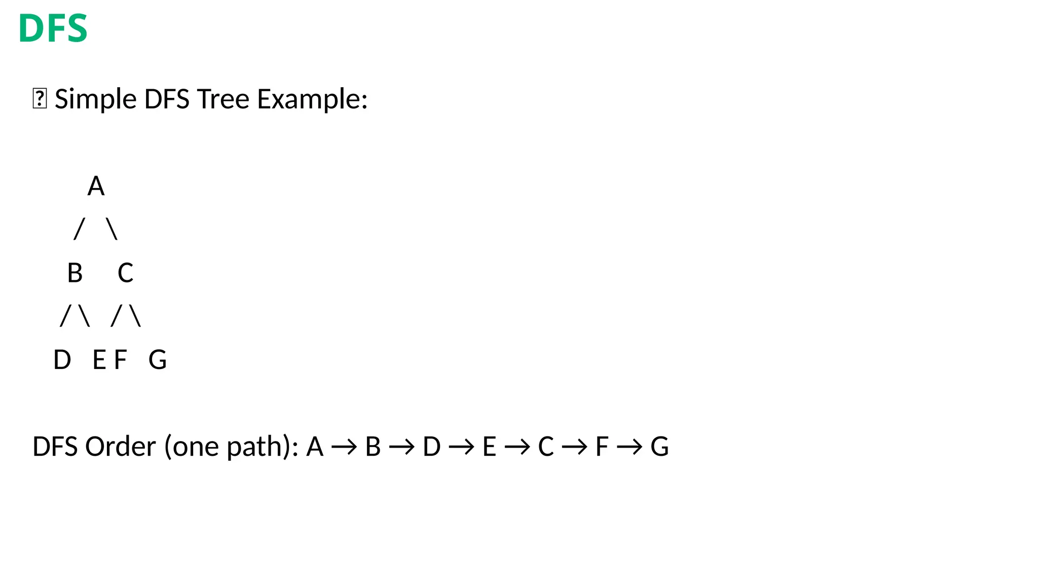🎨 Simple DFS Tree Example:
A
/ 
B C
/  / 
D E F G
DFS Order (one path): A → B → D → E → C → F → G
DFS
 
