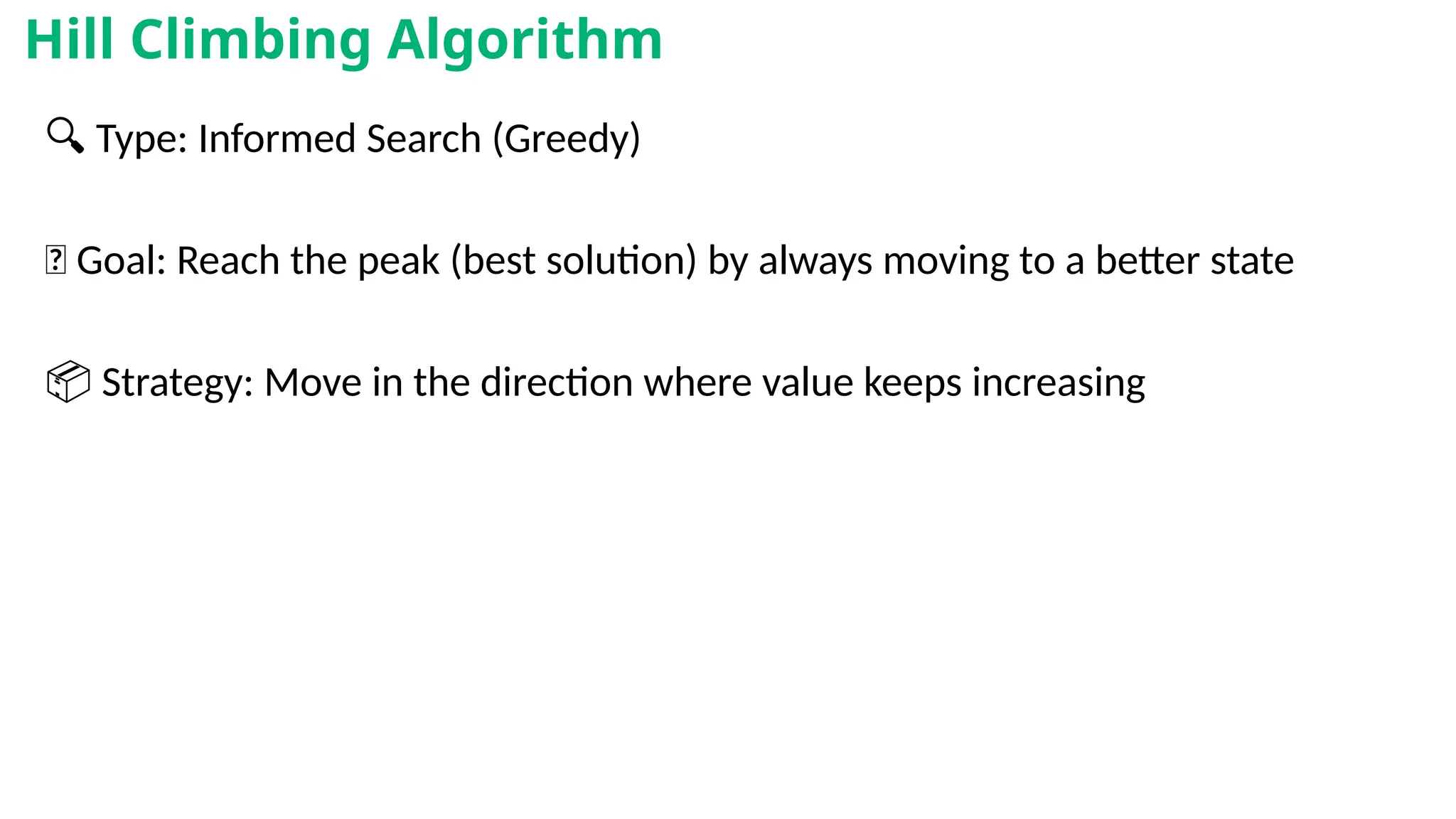 🔍 Type: Informed Search (Greedy)
🎯 Goal: Reach the peak (best solution) by always moving to a better state
📦 Strategy: Move in the direction where value keeps increasing
Hill Climbing Algorithm
 
