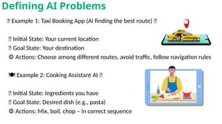 🚖 Example 1: Taxi Booking App (AI finding the best route) 🚕
📍 Initial State: Your current location
🎯 Goal State: Your destination
⚙️Actions: Choose among different routes, avoid traffic, follow navigation rules
️🍽️Example 2: Cooking Assistant AI 🍳
‍
‍‍
📍 Initial State: Ingredients you have
🎯 Goal State: Desired dish (e.g., pasta)
⚙️Actions: Mix, boil, chop – in correct sequence
Defining AI Problems
 