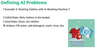 🧺 Example 3: Washing Clothes with AI Washing Machine 🧼
📍 Initial State: Dirty clothes in the basket
🎯 Goal State: Clean, dry clothes
⚙️Actions: Fill water, add detergent, wash, rinse, dry
Defining AI Problems
 
